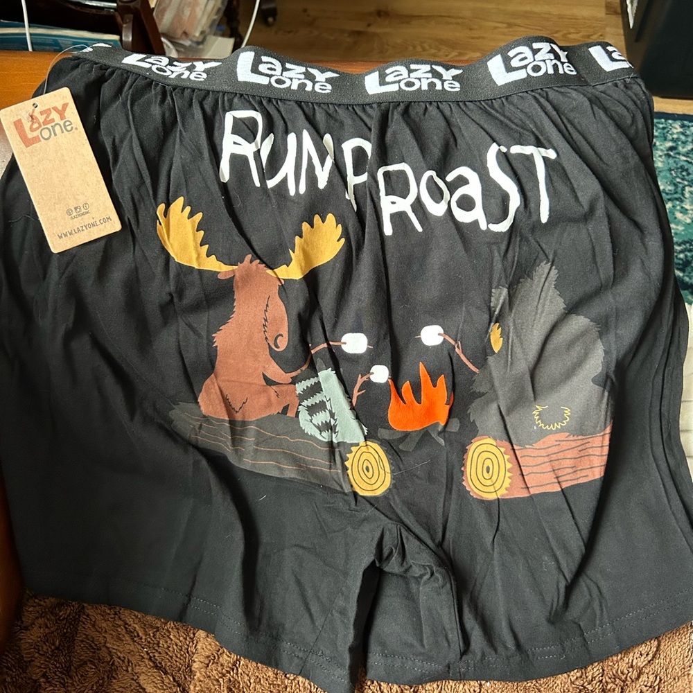 Lazy One Black Boxers with Moose and Campfire Print